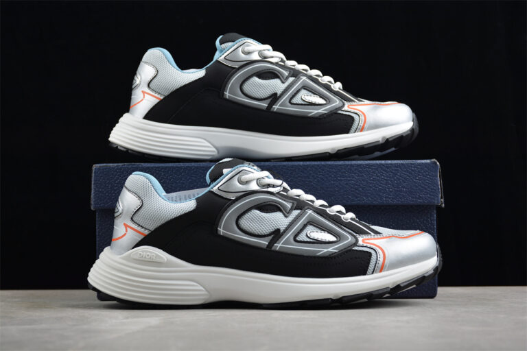 Dior B30 Sneaker – Silver Mesh with Black and Orange Accents