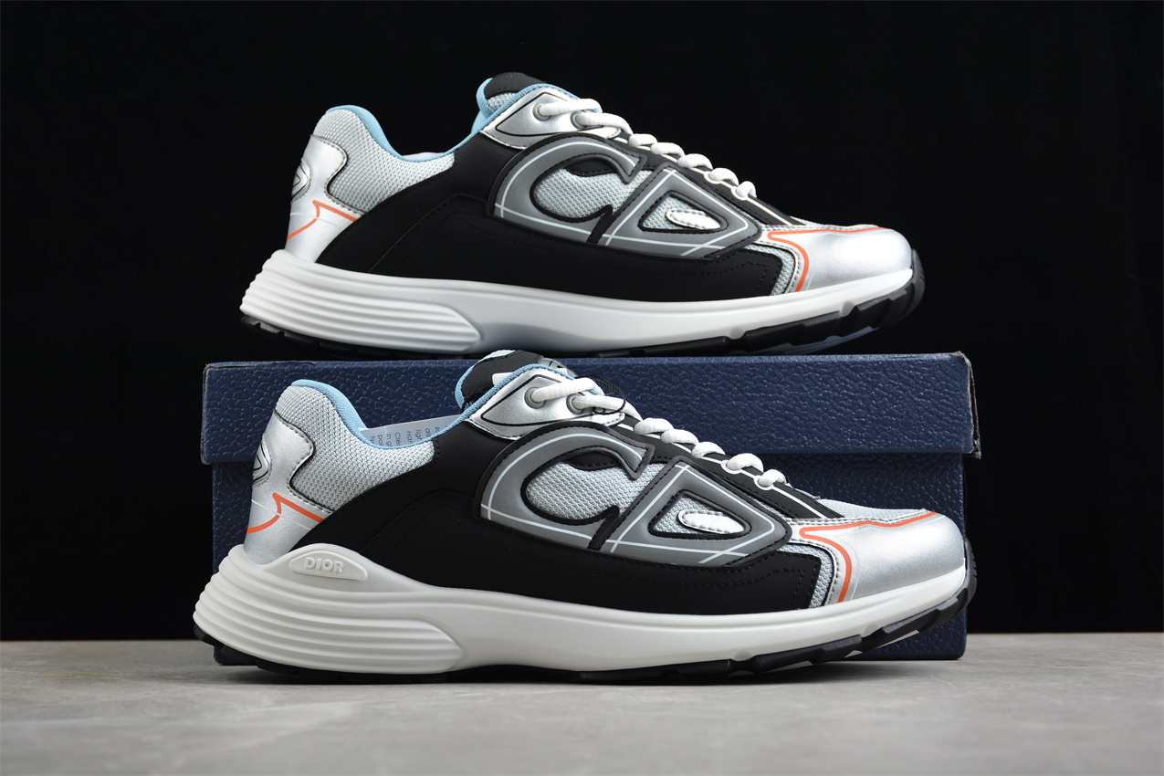 Dior B30 Sneaker – Silver Mesh with Black and Orange Accents