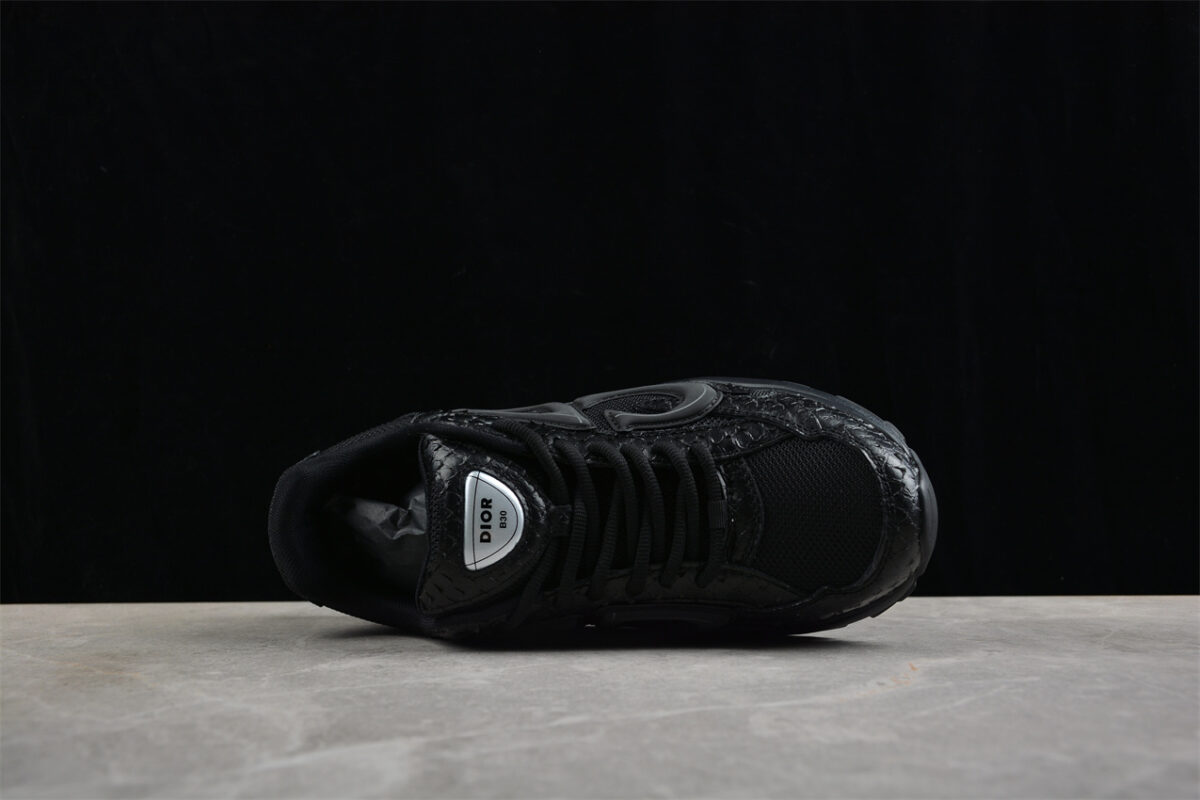Dior B30 Sneaker – Black Mesh with Embossed Croc-Effect Leather Overlays
