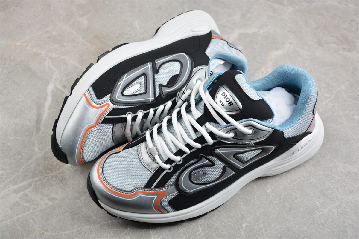 Dior B30 Sneaker – Silver Mesh with Black and Orange Accents