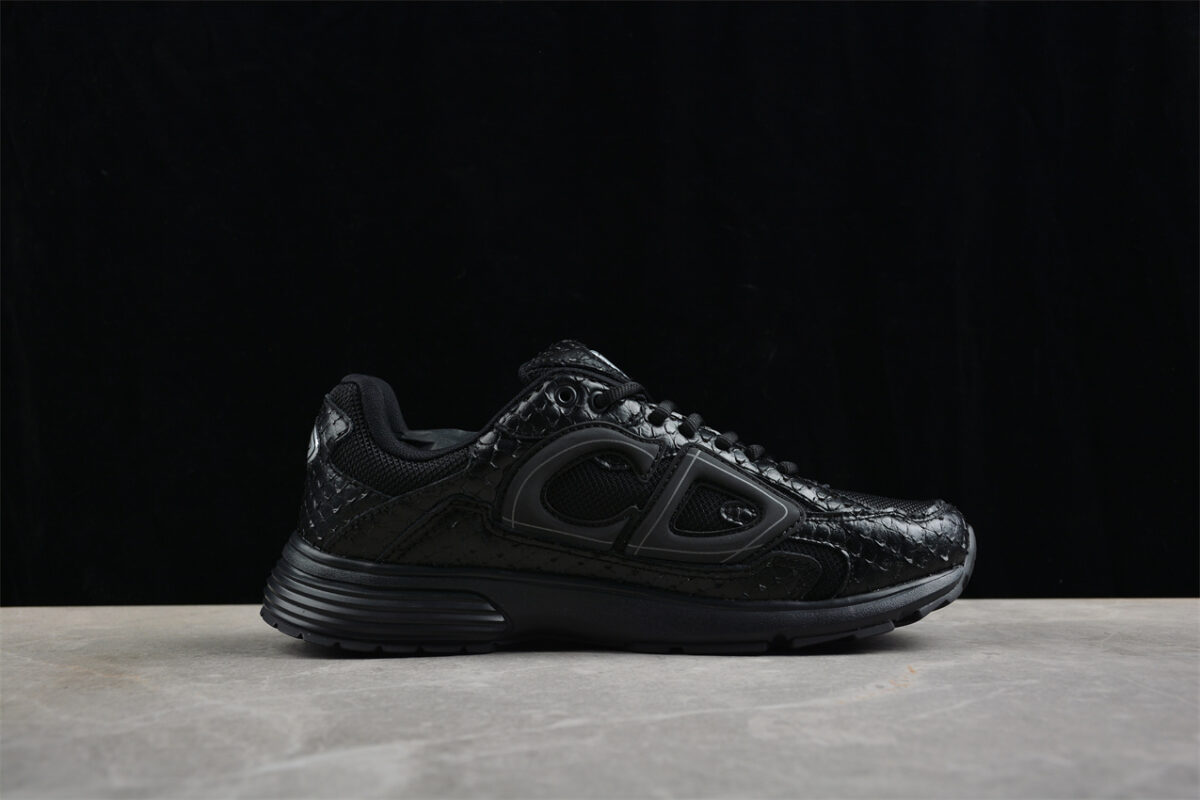 Dior B30 Sneaker – Black Mesh with Embossed Croc-Effect Leather Overlays