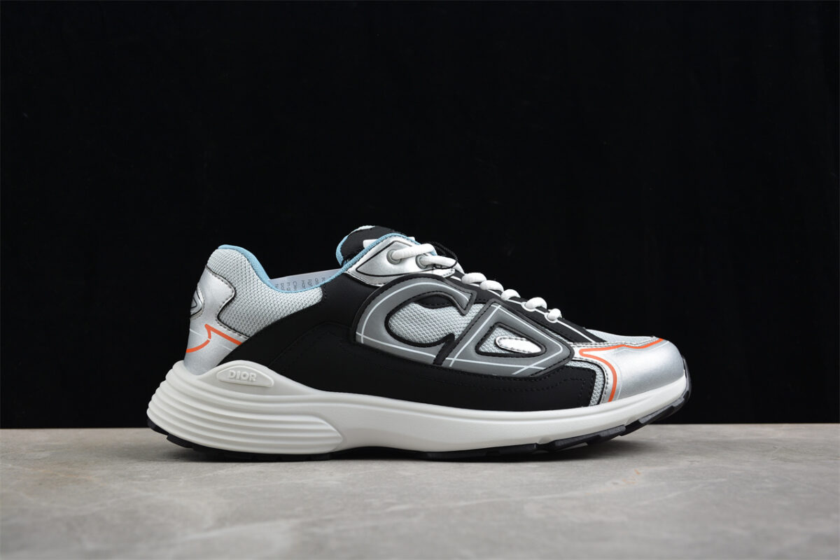 Dior B30 Sneaker – Silver Mesh with Black and Orange Accents